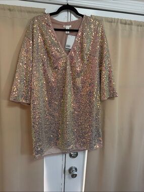 H&M Pink Sequin V-Neck Tunic Top